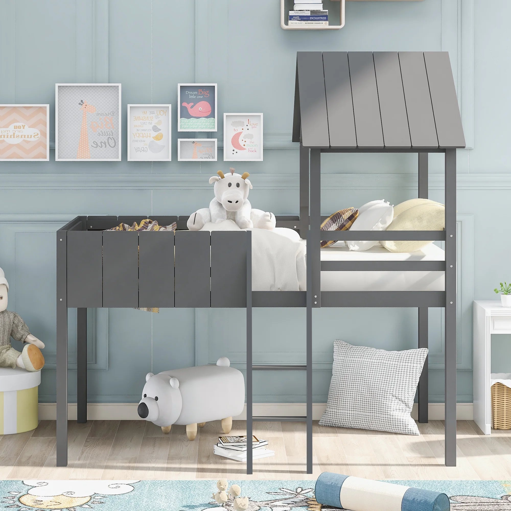 Twin Wood House Loft Bed with Roof and Ladder k7