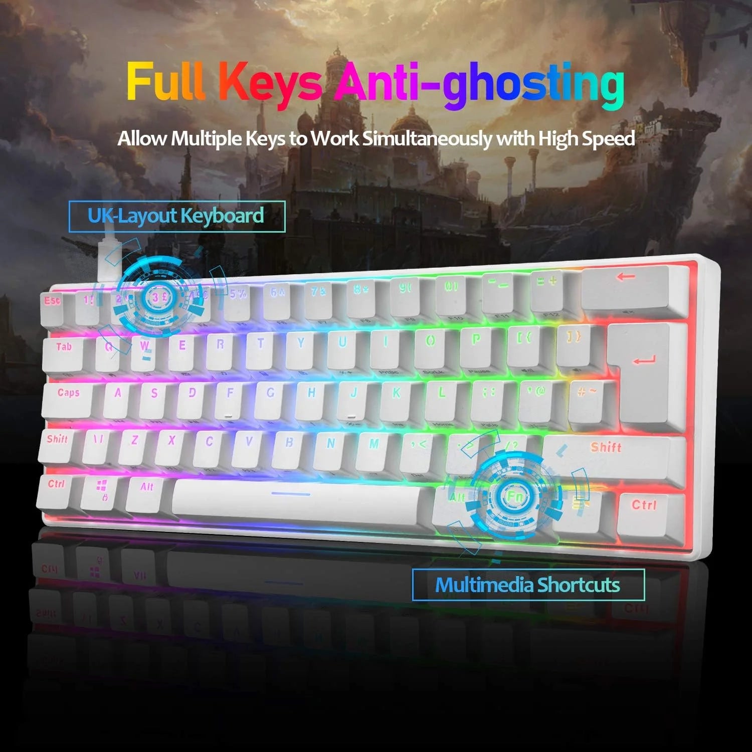 Mechanical Gaming Keyboard 60% Wired Type C RGB Backlit White Red Switch k7