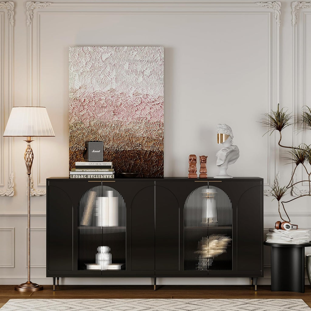 Buffet Cabinet with Locked Storage, Black Wood and Glass Doors m7