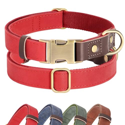Didog Soft Padded Leather Dog Collars for Medium Dogs, Classic Heavy Duty Dog Collars with Quick Release Metal Buckle, Adjustable Medium Dog Collar Leather,Brown,M