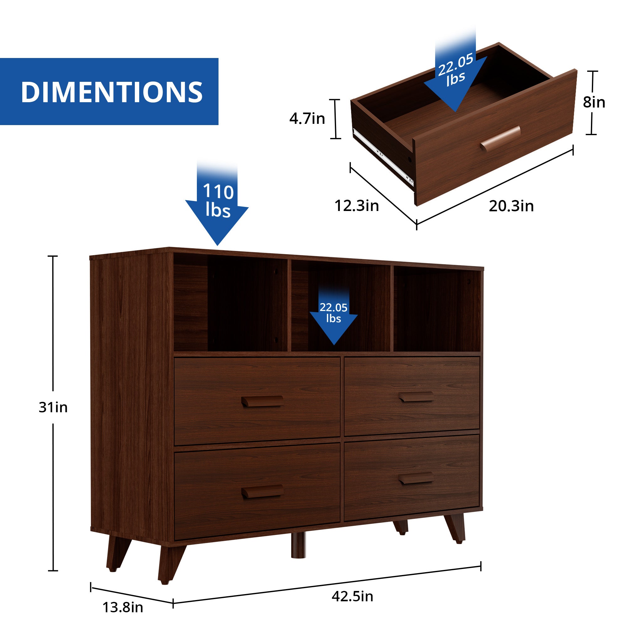 4-Drawer Wood Dresser Chest with Open Shelves a7