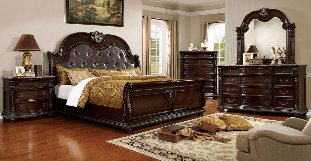 Brown Cherry King Bed Sleigh Tufted Design 7k