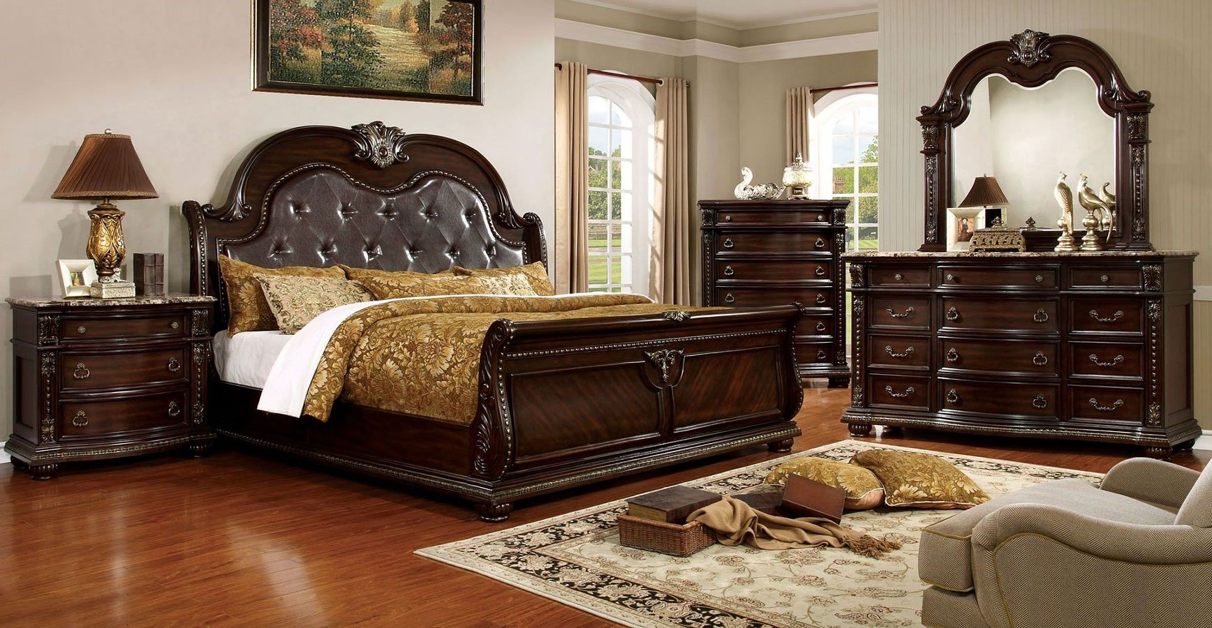 Brown Cherry King Bed Sleigh Tufted Design 7k