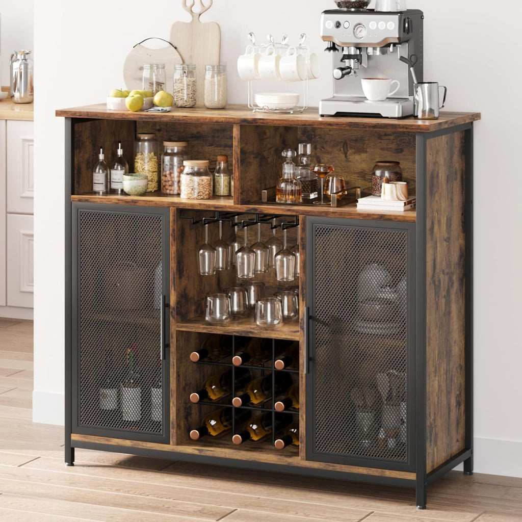 GAOMON Coffee Bar Cabinet, Industrial Buffet Storage Cabinet with Mesh Doors and Adjustable Shelves, Sideboard Buffet Table for Kitchen Living Dining Room, Rustic Brown