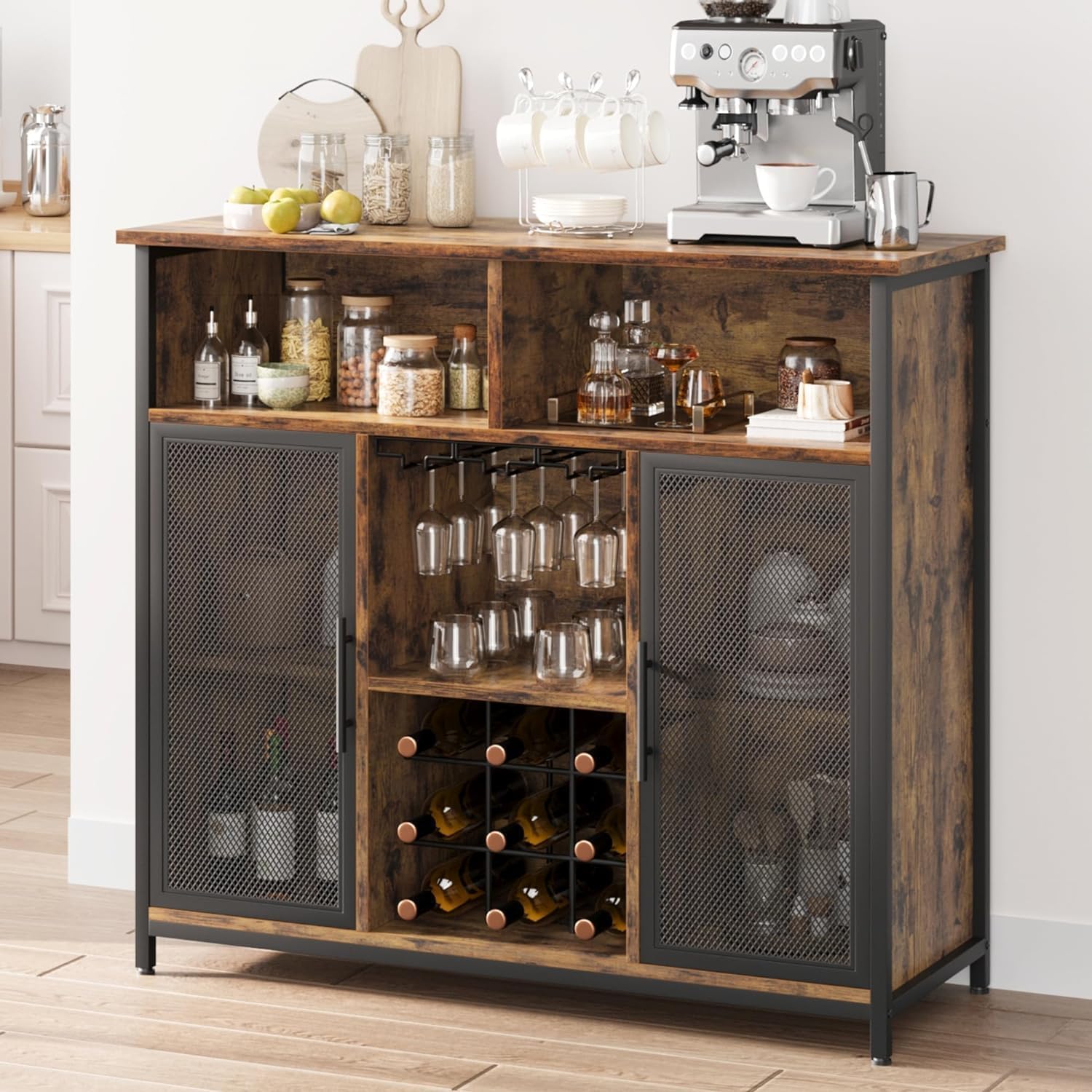 GAOMON Coffee Bar Cabinet, Industrial Buffet Storage Cabinet with Mesh Doors and Adjustable Shelves, Sideboard Buffet Table for Kitchen Living Dining Room, Rustic Brown