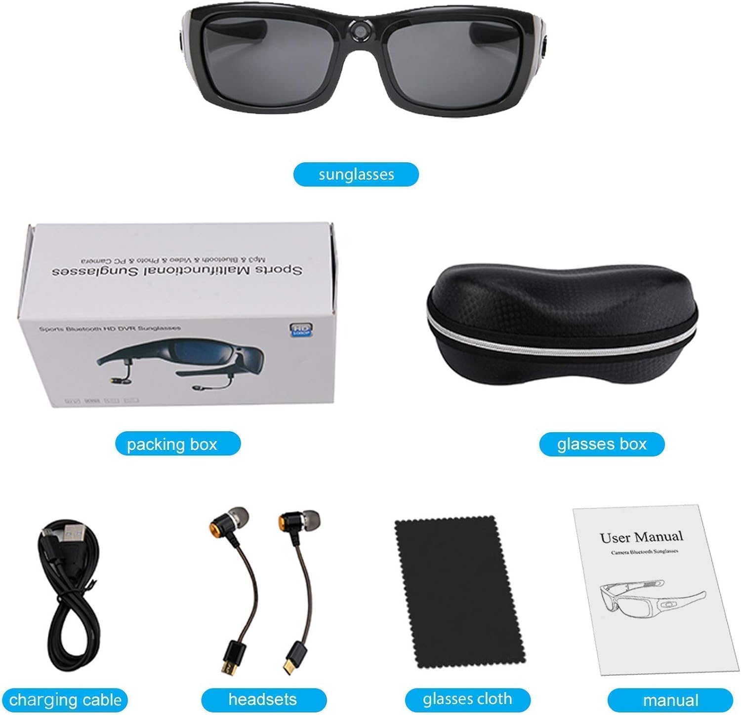 Bluetooth Sunglasses Camera Full HD 1080P Sports Polarized UV Protection A7