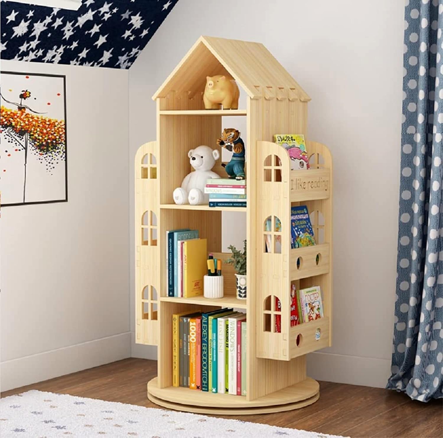 4-Tier Rotating House-Shaped Bookshelf for Home Office a7