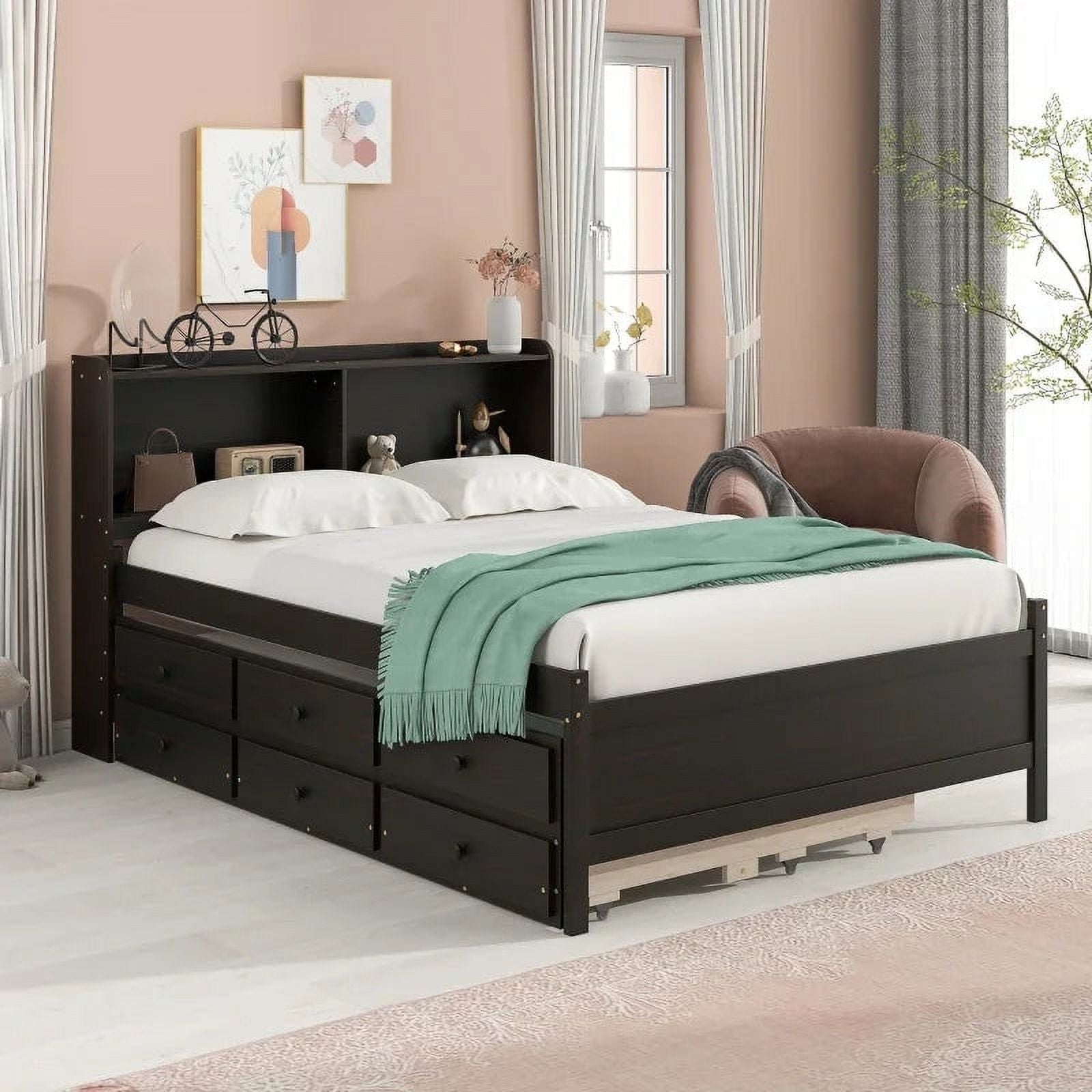 Bed with Bookcase Twin Trundle Drawers Espresso q7