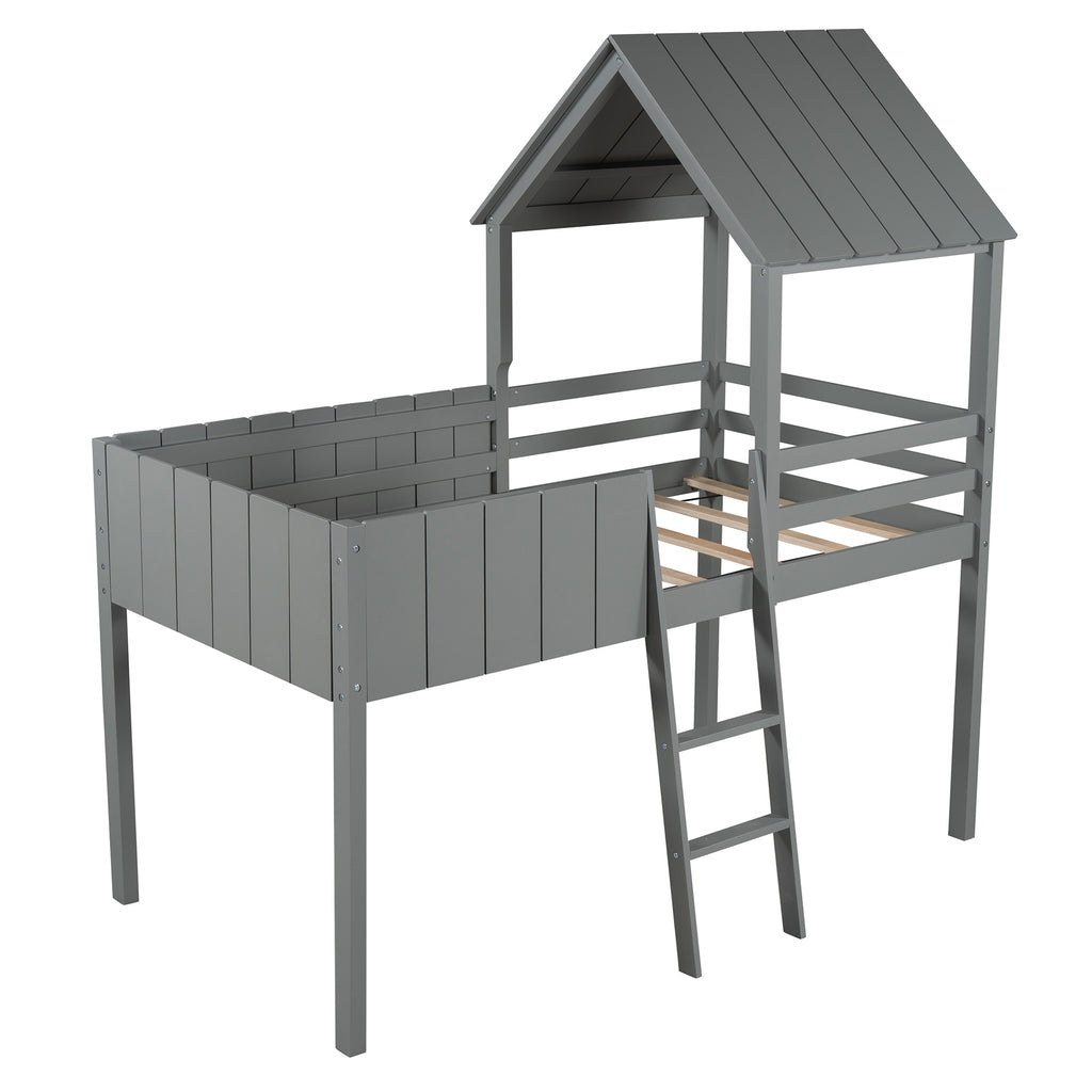 Twin Wood House Loft Bed with Roof and Ladder k7
