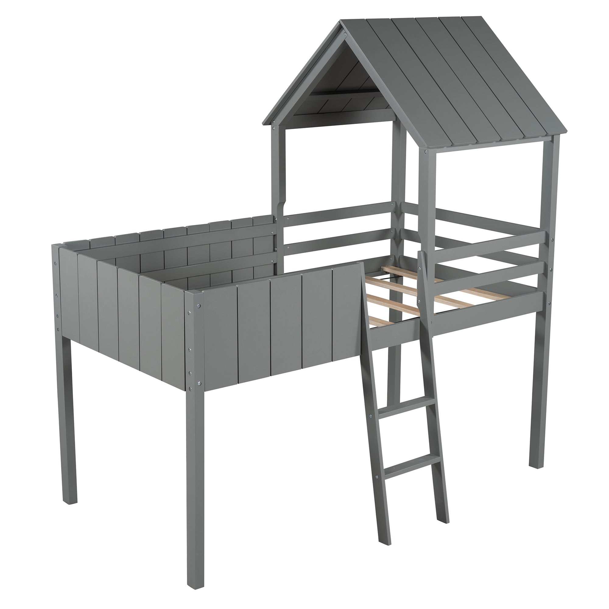 Twin Wood House Loft Bed with Roof and Ladder k7