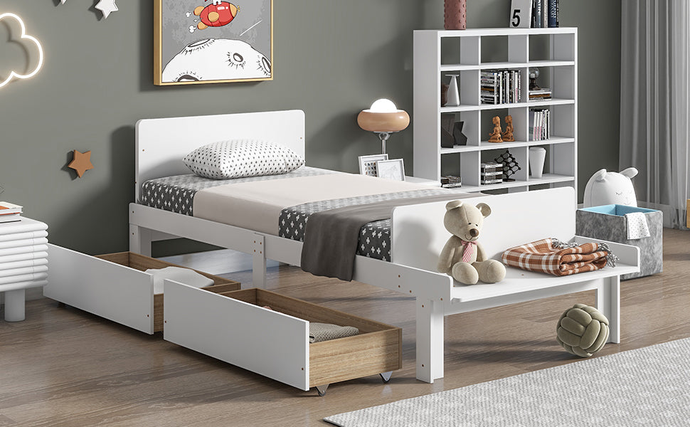 Twin Size Wood Platform Bed Frame with Headboard and 2 Storage Drawers White k7