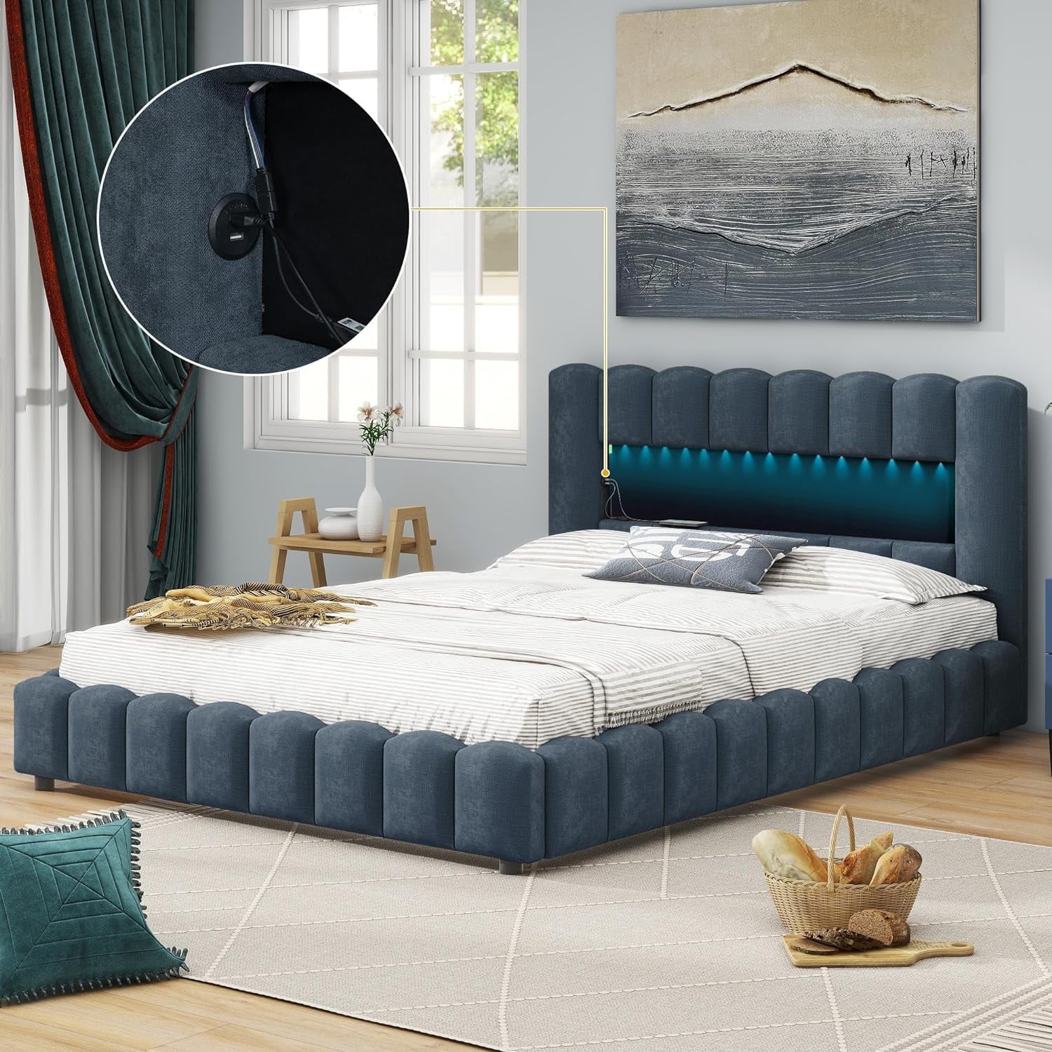 Upholstered Queen Bed with Lift-Up Storage and LED Headboard a7
