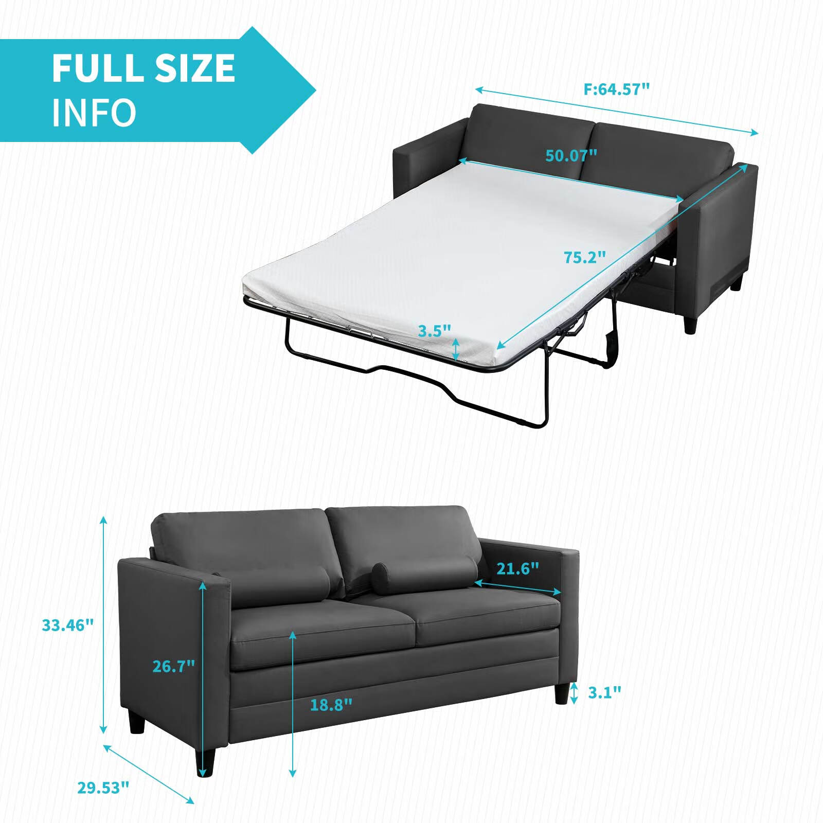 Pull Out Sofa Bed Convertible Sleeper Full Size Couch Dark Grey 7k