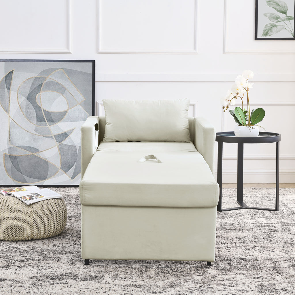Sofa Bed Chair 2-in-1 Convertible Lounger Beige Velvet q7