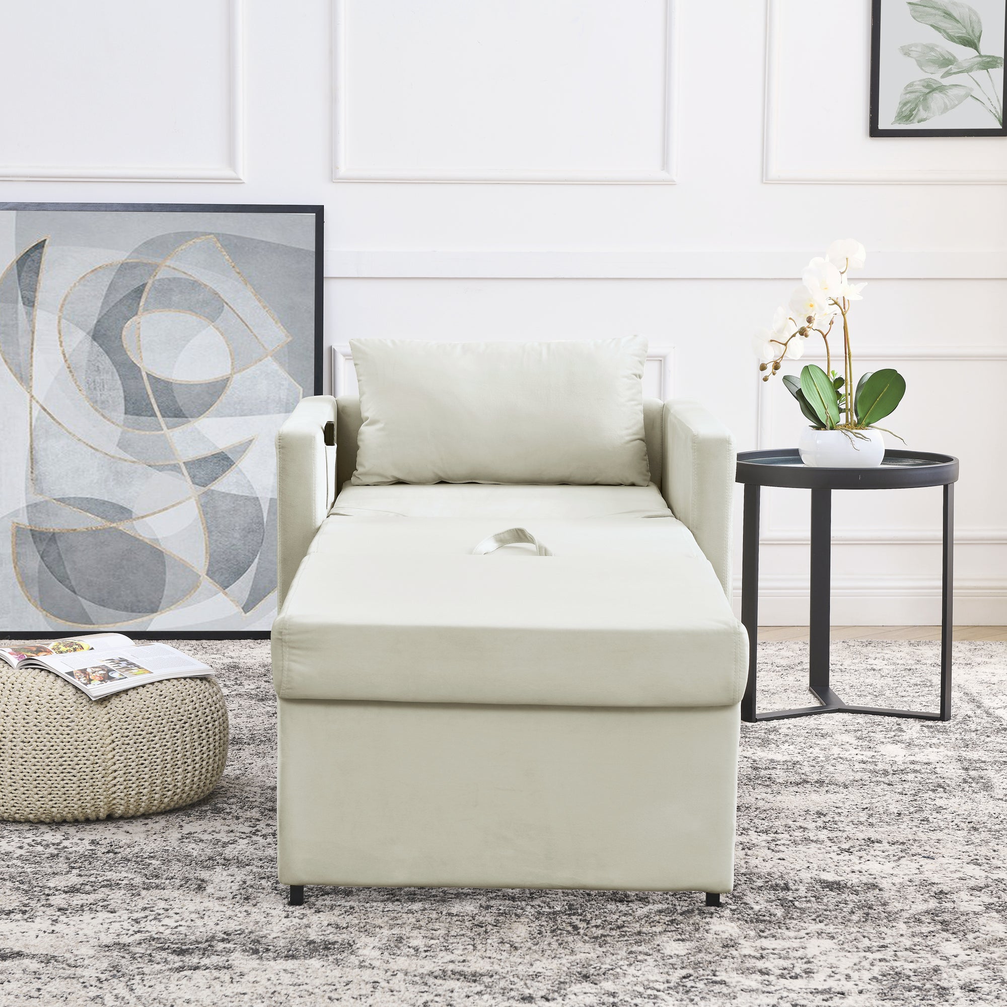 Sofa Bed Chair 2-in-1 Convertible Lounger Beige Velvet q7