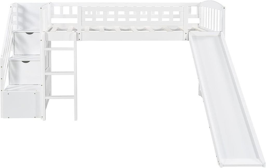 Loft Bed with Slide and Stairs, Wooden Frame with Storage, White k7