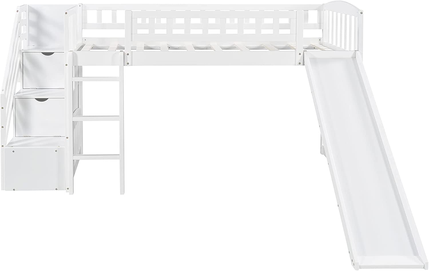 Loft Bed with Slide and Stairs, Wooden Frame with Storage, White k7