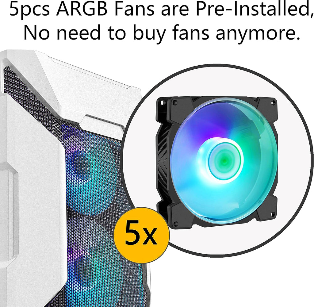 Mesh MATX Mid Tower PC Case White 5 ARGB Fans K7