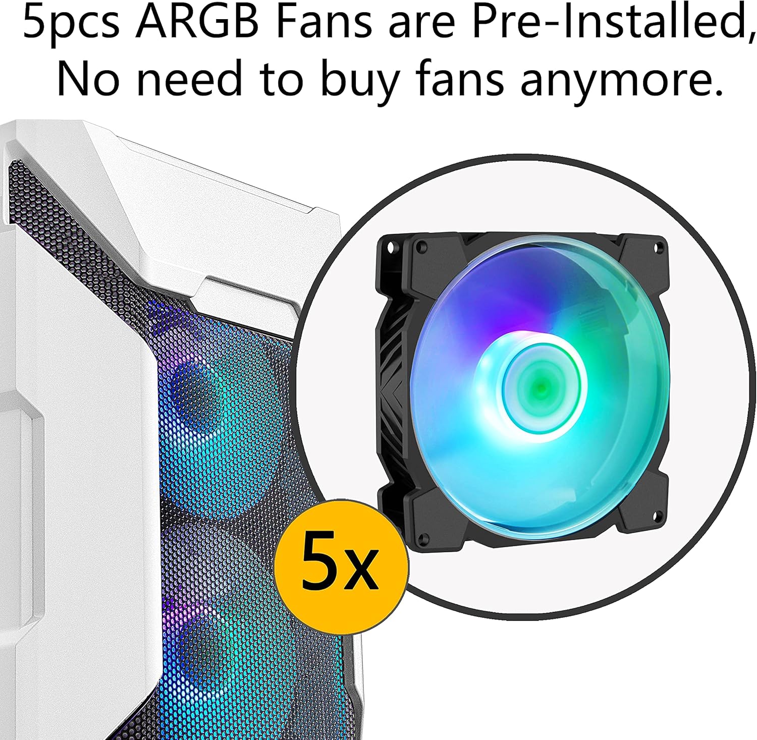 Mesh MATX Mid Tower PC Case White 5 ARGB Fans K7