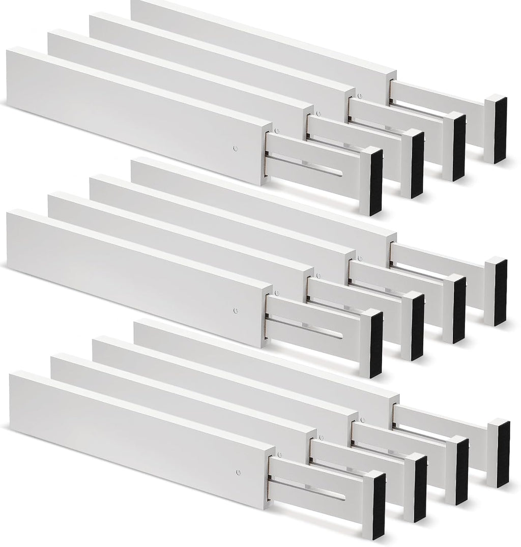 12 Pieces Drawer Dividers Bamboo Kitchen Drawer Dividers Organizer White Expandable Drawer Organization Separators Adjustable Drawer Dividers Dresser Organizer for Bedroom (13''-17'')