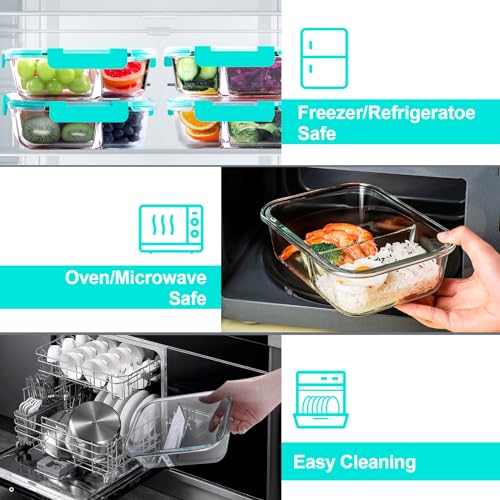 Glass Meal Prep Containers 2 Compartment 36OZ Airtight with Lids Grey k7