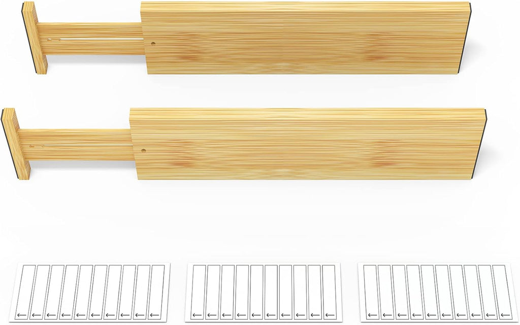 SpaceAid 4“ High Bamboo Deep Drawer Dividers with Labels, Kitchen Adjustable Drawer Organizers, Expandable Organization for Home, Office, Dressers and Bathroom, 2 Dividers (17-22 in)