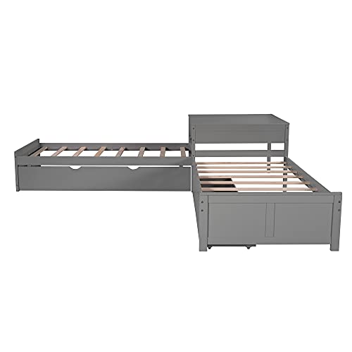 L-Shaped Corner Platform Bed with Trundle and Drawers Grey 7k