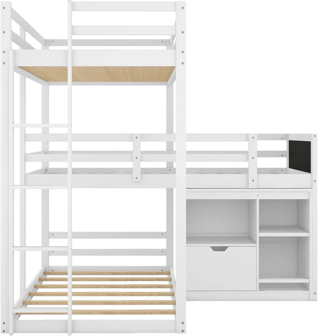 Triple Bunk Bed with Cabinet and Ladder White 7k