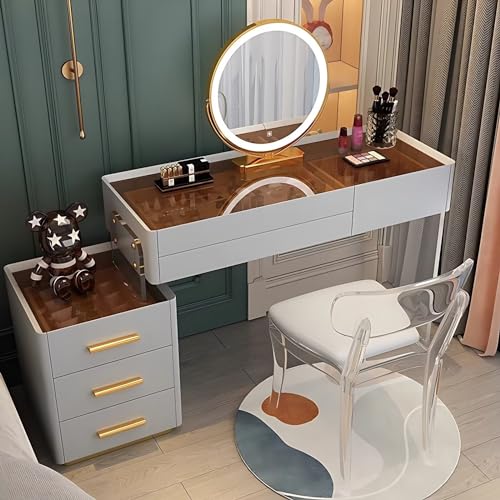 Acrylic Makeup Vanity - Solid Wood Vanity Desk with Smart LED Lights Mirror & Acrylic Chair, Luxury Bedroom Vanity Table Include 6 Drawers and Tempered Glass Desktop (White,31.5'')