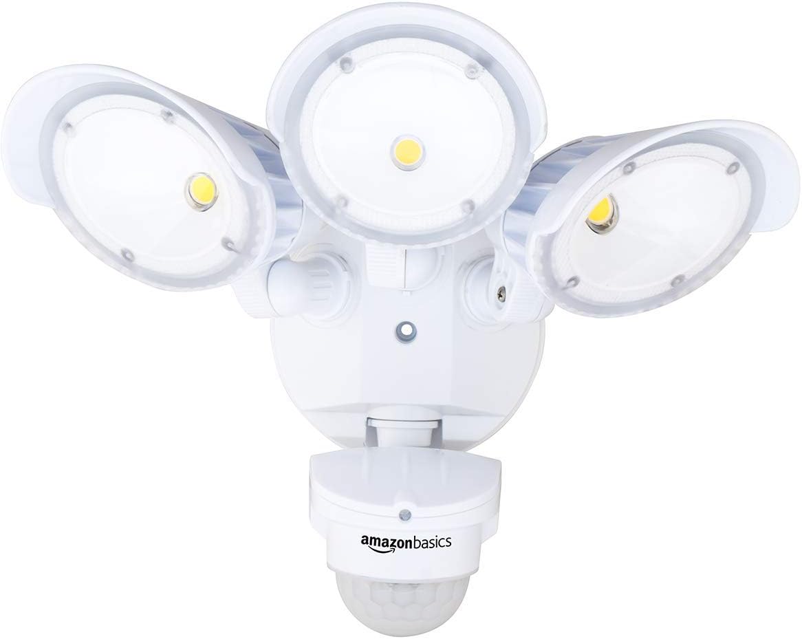 Amazon Basics 60W Waterproof LED Outdoor Motion Sensor Security Light with 3 Adjustable Heads , Up to 240 Detection Angle, 6000 Lumen, ETL Certified, White