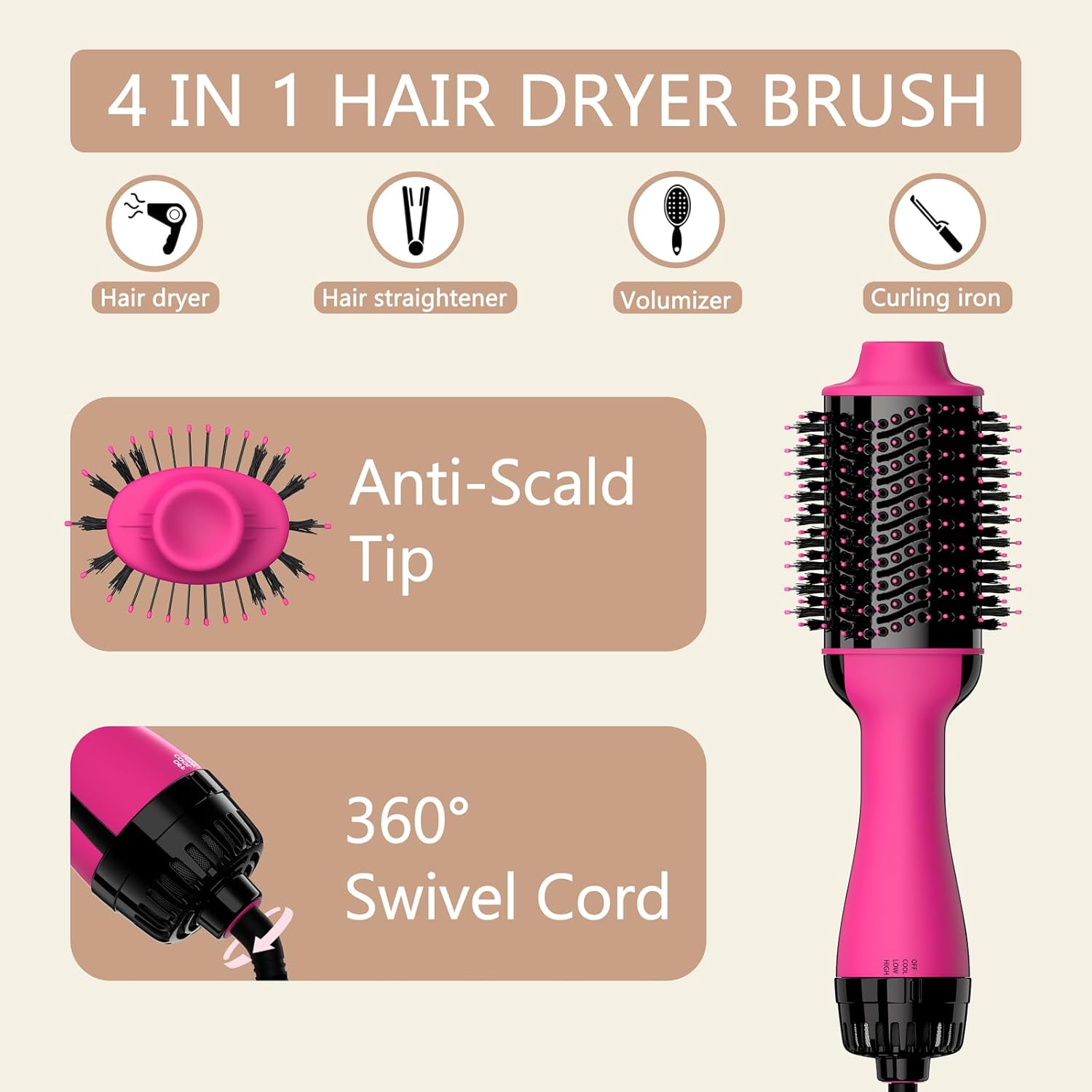 Hair Dryer Brush 4 in 1 Styler with Negative Ion Anti-frizz Ceramic Barrel a7