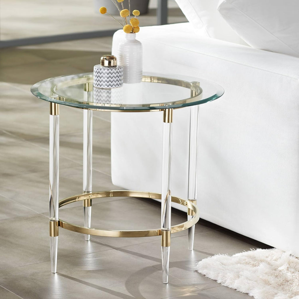 55 Downing Street Saarinen Modern Minimalist Glass Round Accent Side End Table 24 3/4" Wide Clear Gold Rings for Spaces Living Room Bedroom Bedside Entryway House Home Office Bathroom Decor