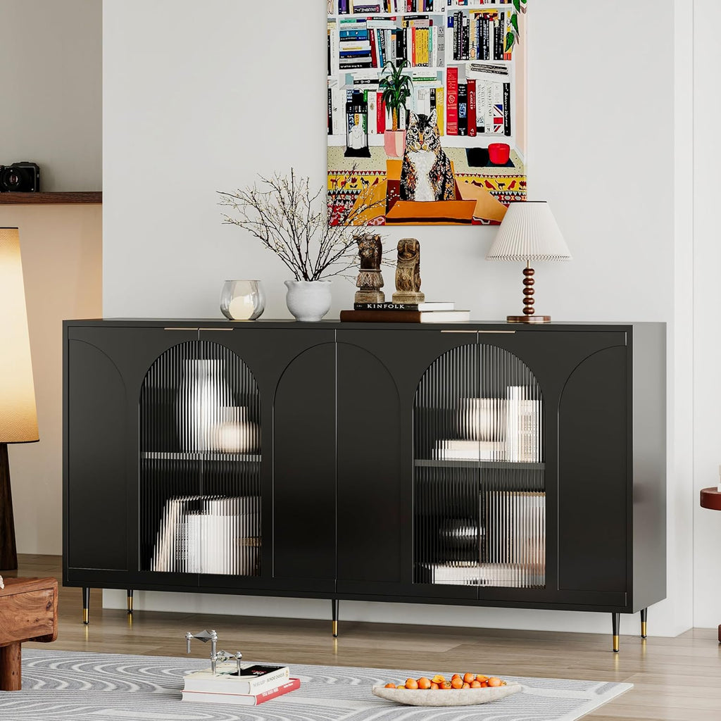 Buffet Cabinets with Lockers, Accent Lockers with Black Lacquered Wood and 4 Fluted Glass Doors, with Metal Legs, Modern Kitchen Sideboards, Used in Living Rooms,Entryway,Dining Rooms.