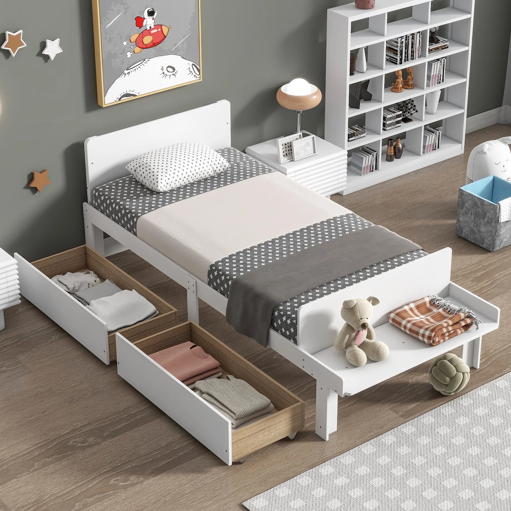 Twin Size Wood Platform Bed Frame with Headboard and 2 Storage Drawers White k7