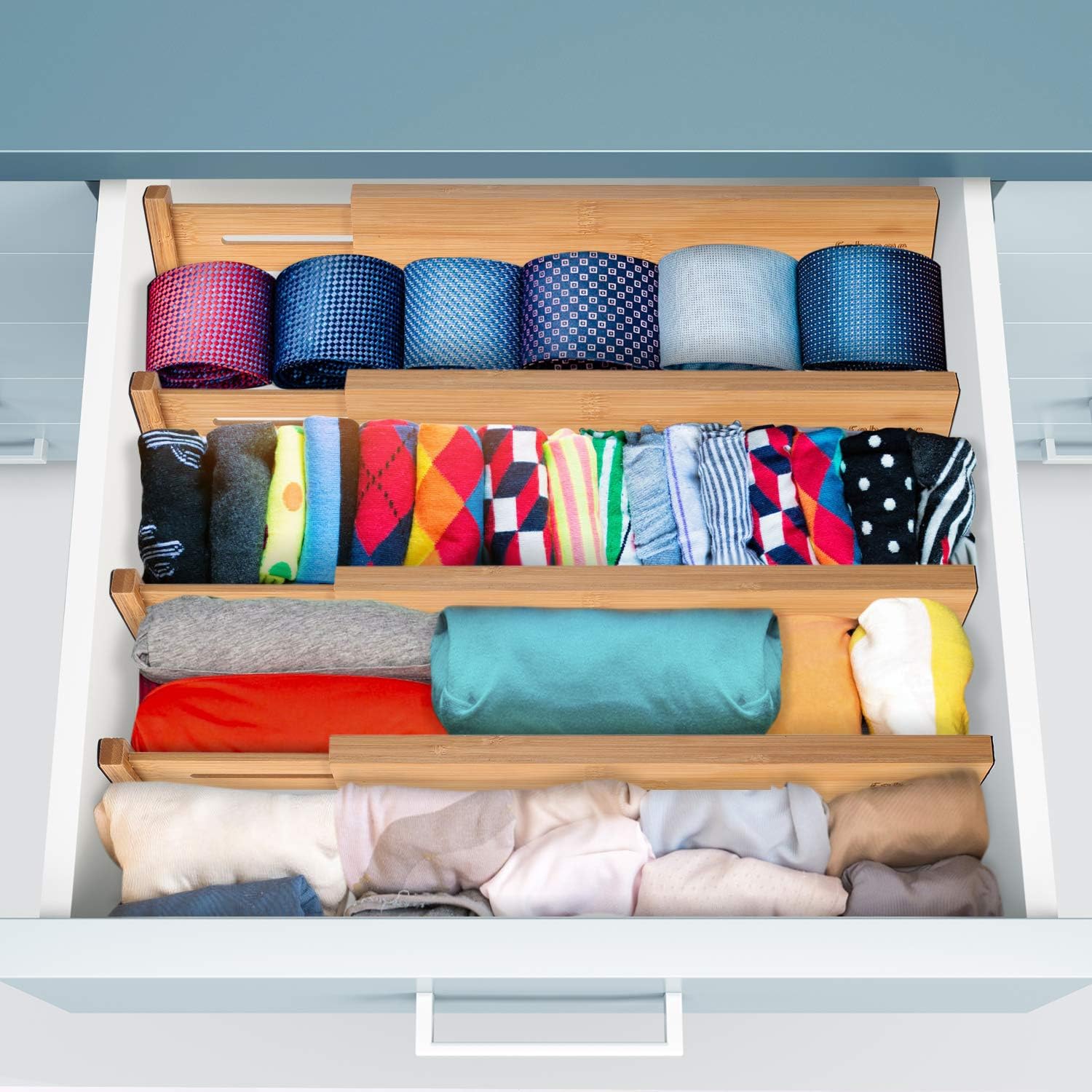 Bamboo Drawer Divider 4 Pack, Adjustable Organizer for Clothes, Kitchen, Office a7