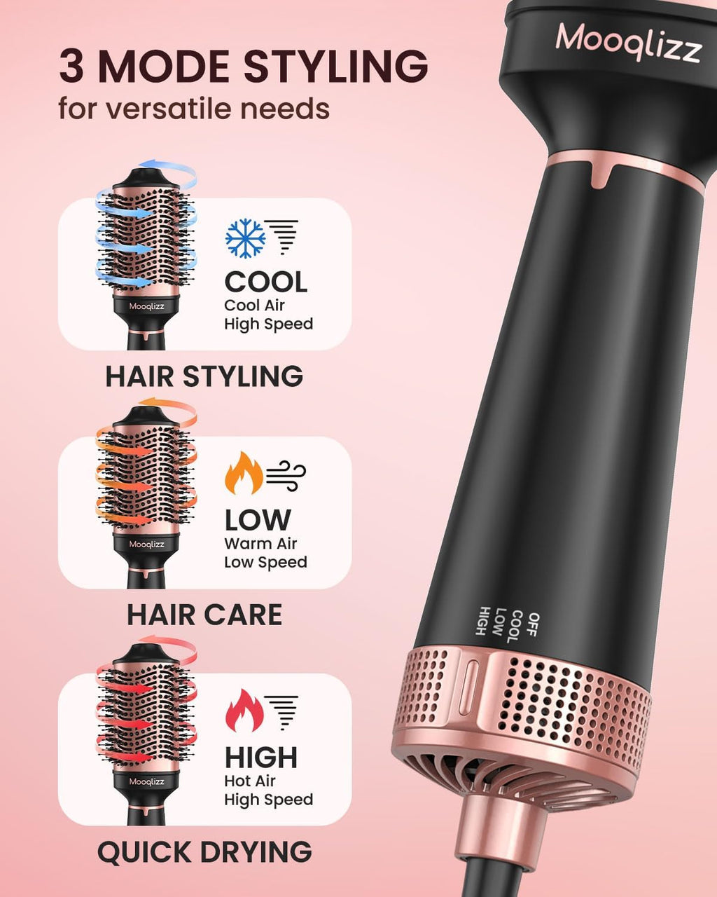 Hair Dryer Brush Volumizer Round Brush 4 in 1 Fast Drying Pink Black k7