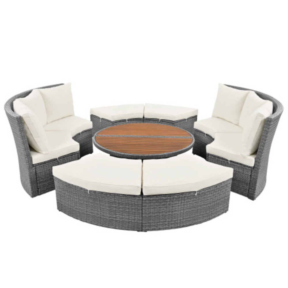 Patio 5-Piece Round Rattan Sectional Sofa Set with Liftable Table a7