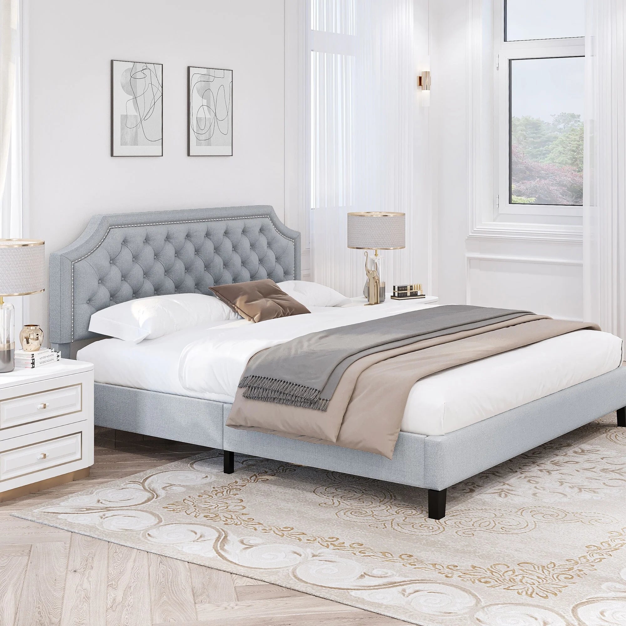 Tufted Upholstered Bed Frame with Adjustable Headboard Grey F7k