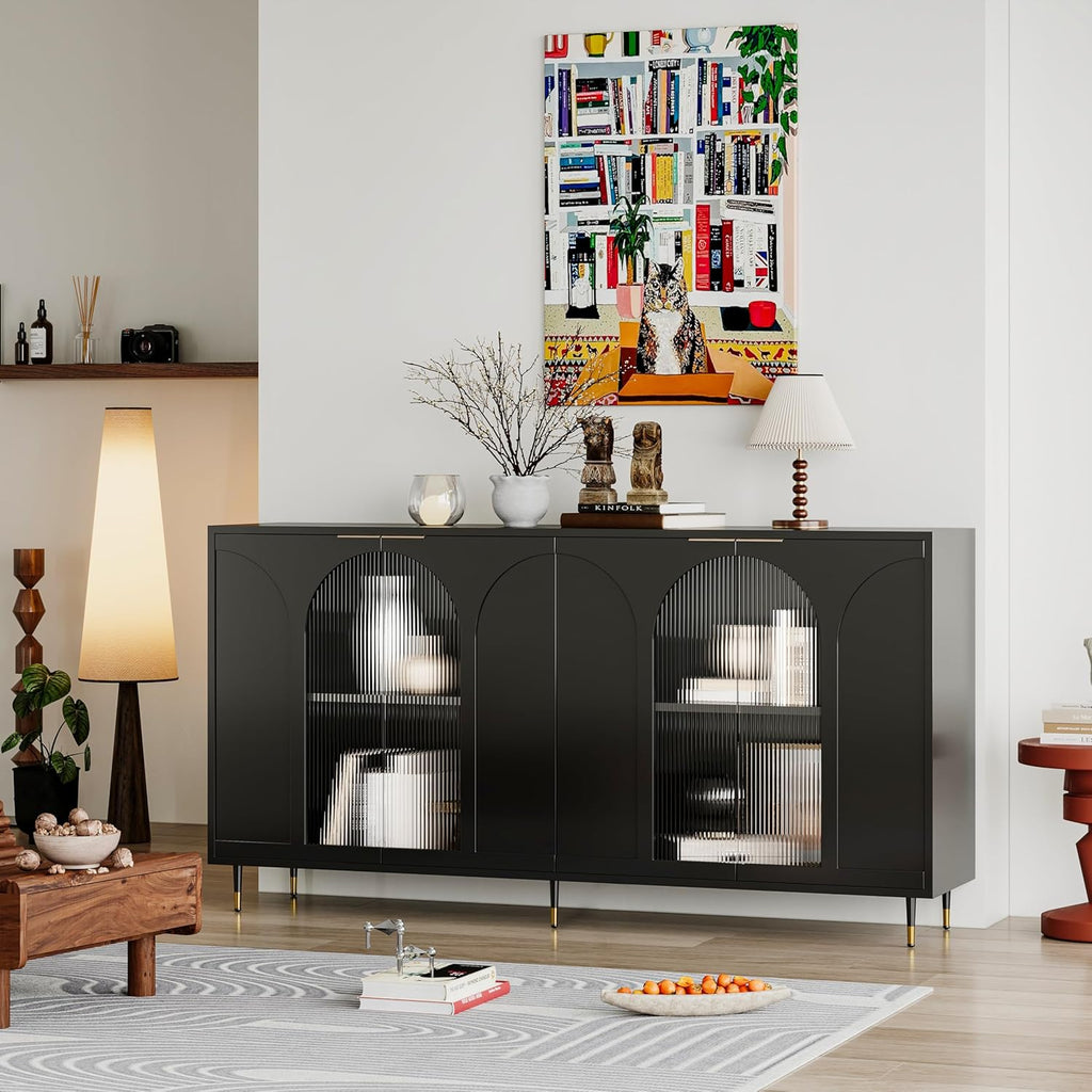Buffet Cabinet with Locked Storage, Black Wood and Glass Doors m7