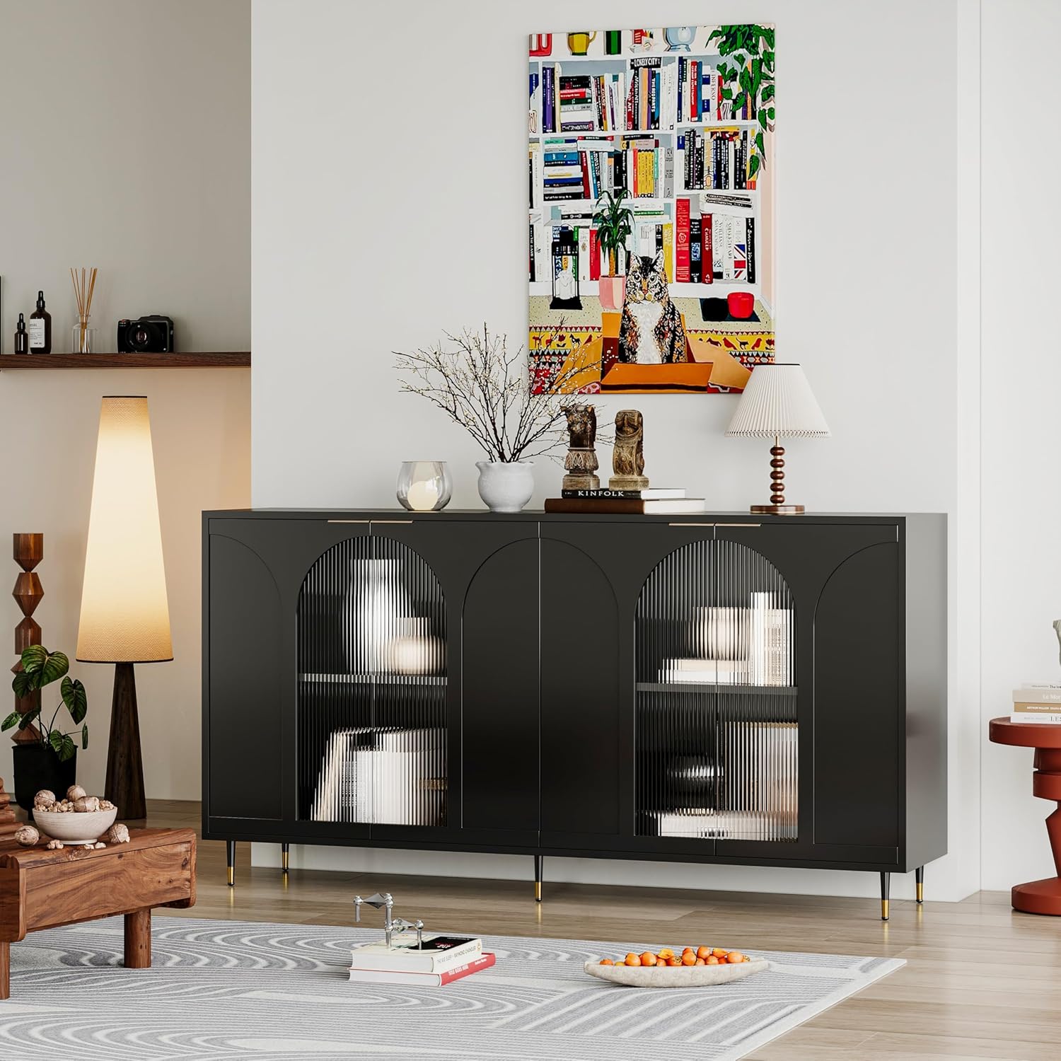 Buffet Cabinet with Locked Storage, Black Wood and Glass Doors m7