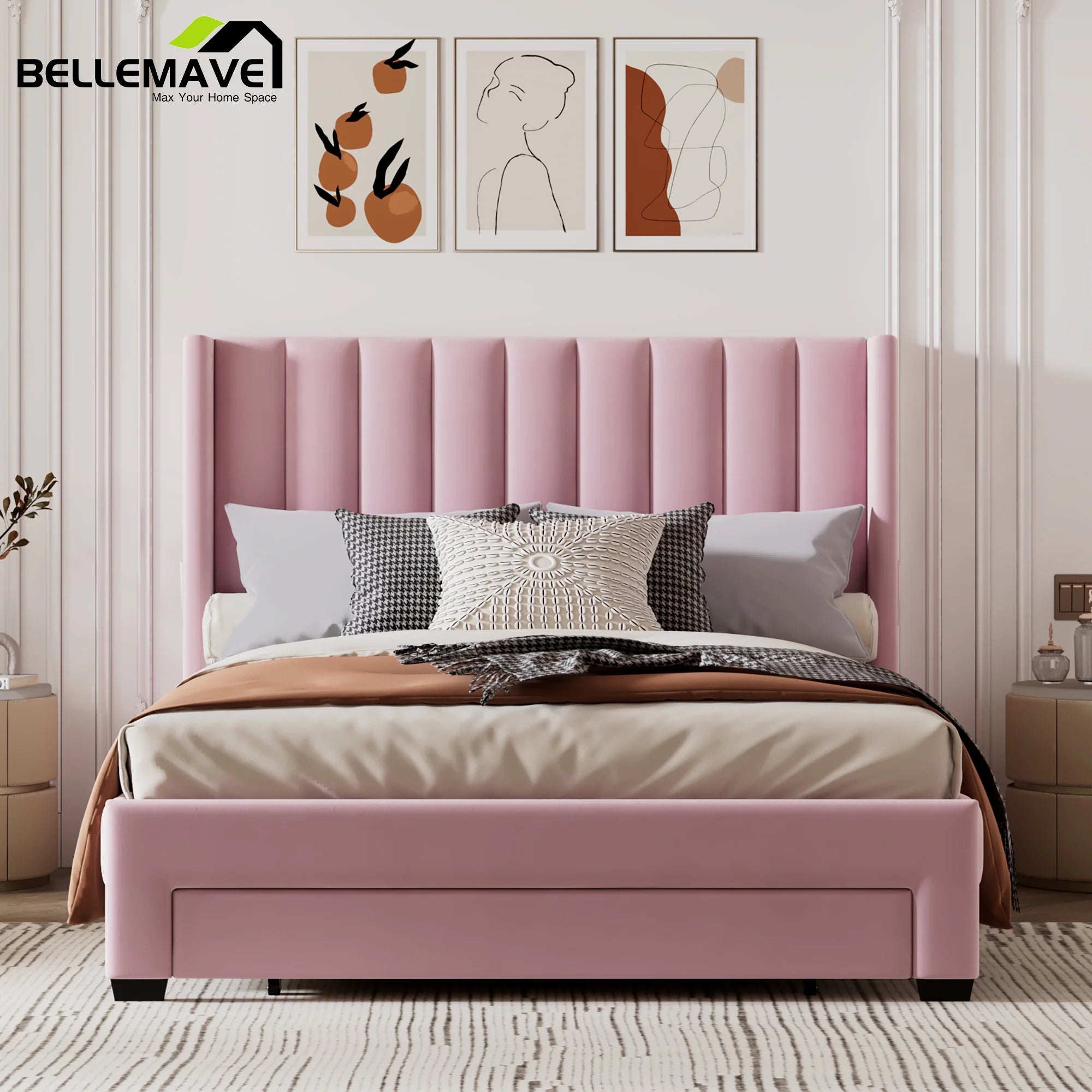 Queen Size Pink Velvet Upholstered Platform Bed with Drawer A7