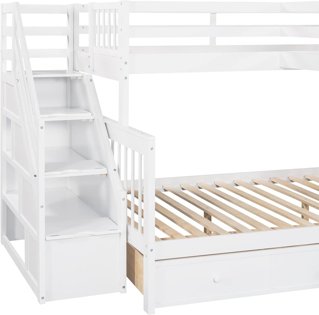 Triple Bunk Bed with Stairs and Storage Drawers White 7k