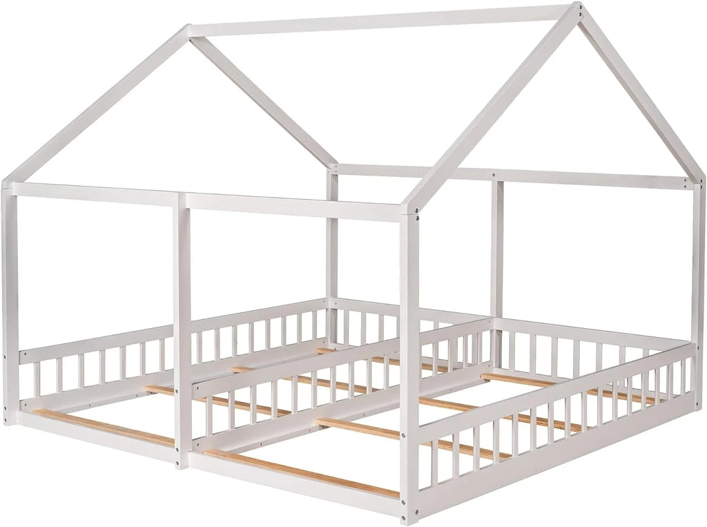 Kids Double Bed Wooden Floor Tent Style White A7