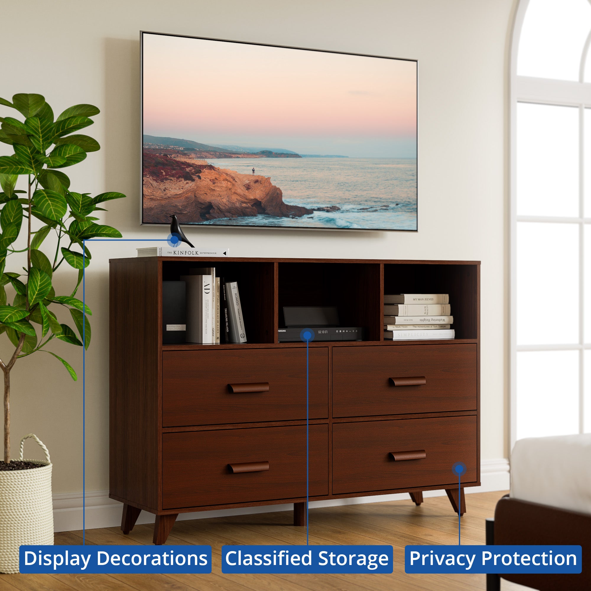 4-Drawer Wood Dresser Chest with Open Shelves a7