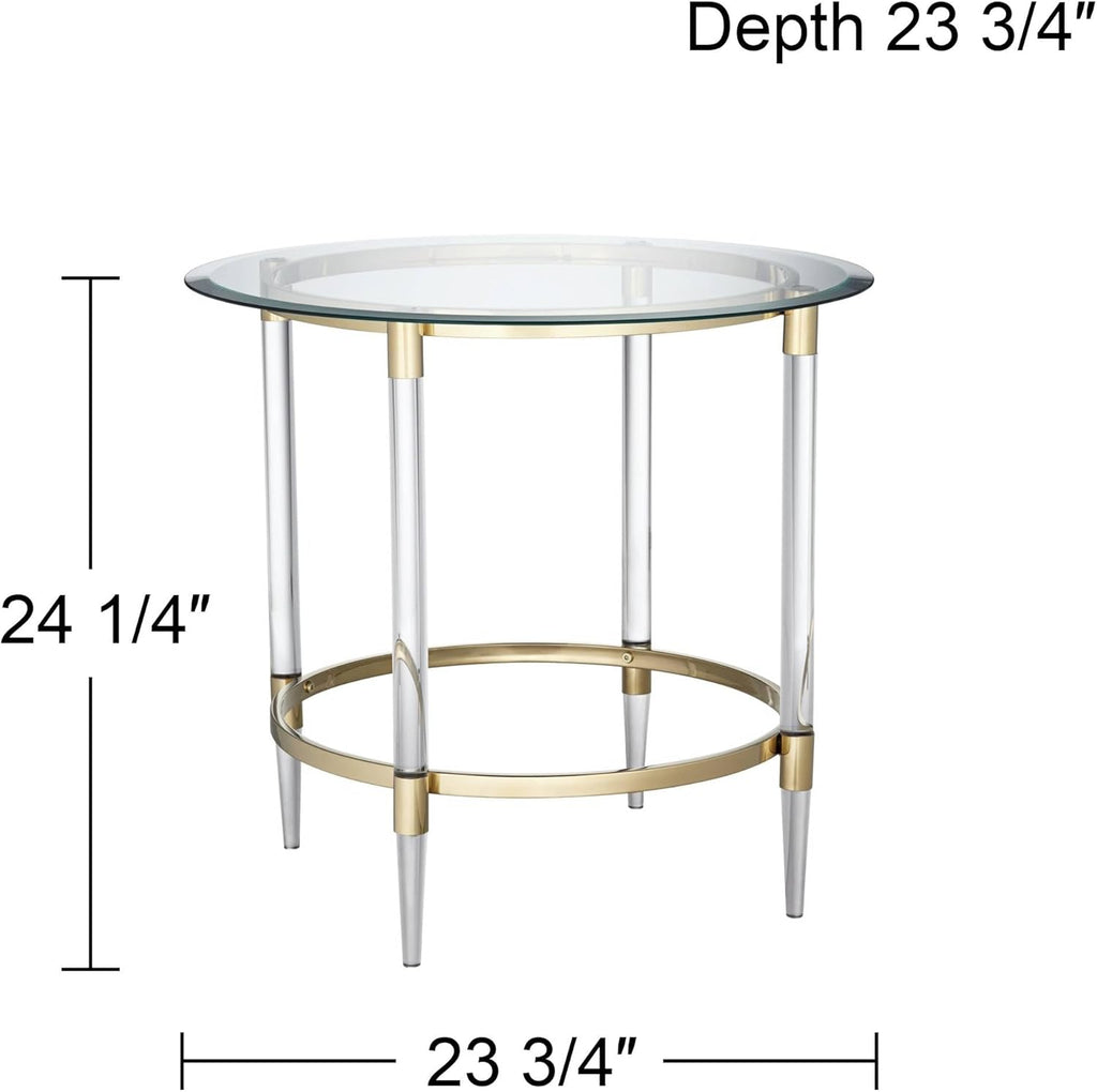 Round Glass Side Table 24" Clear Gold Rings d7k