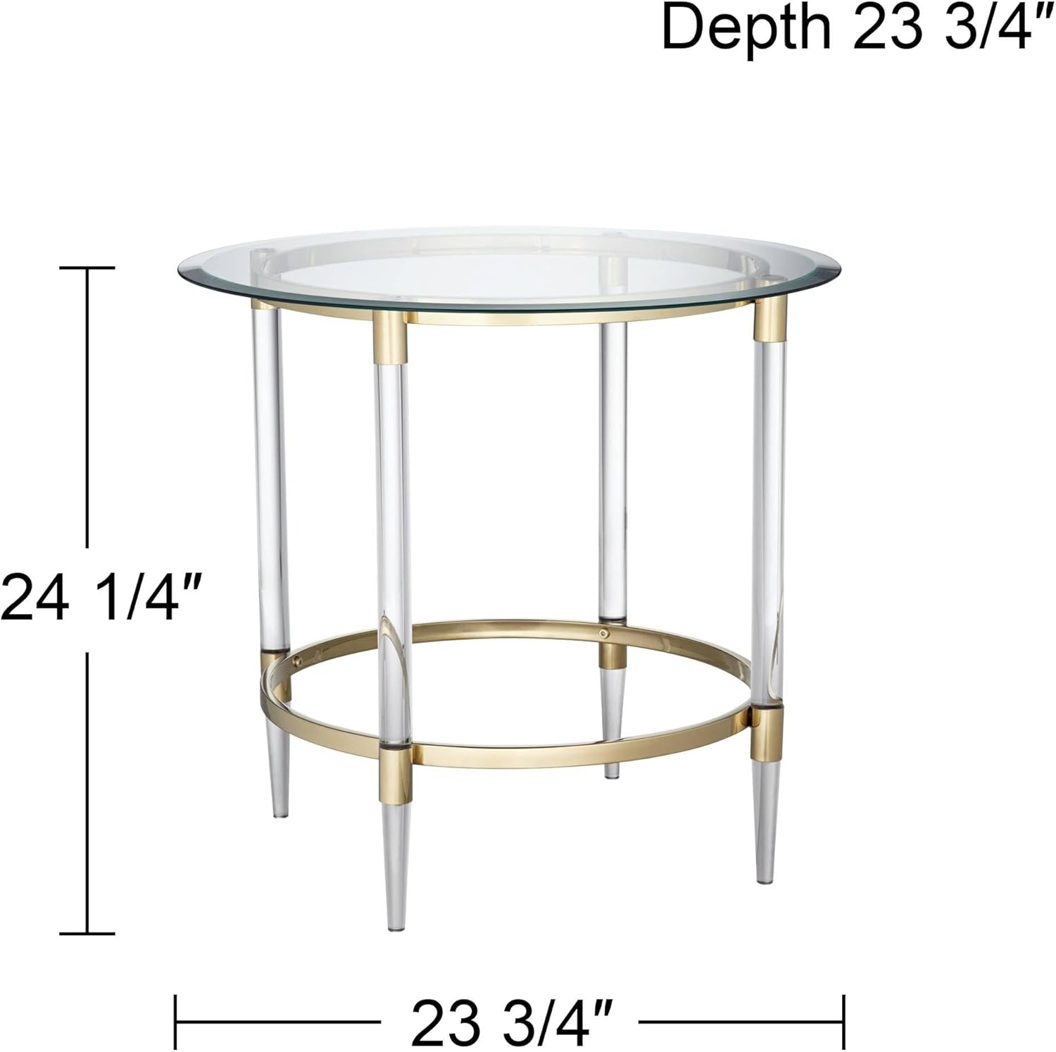 Round Glass Side Table 24" Clear Gold Rings d7k