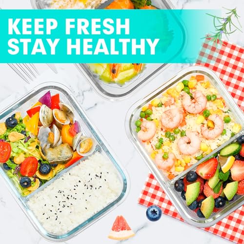 Glass Meal Prep Containers 2 Compartment 36OZ Airtight with Lids Grey k7