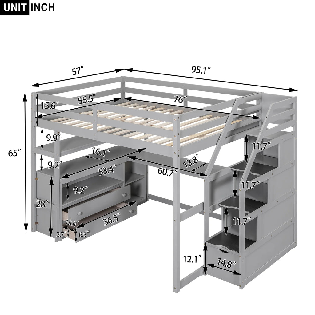 Full Loft Bed with Desk, Storage Stairs & Drawers k7
