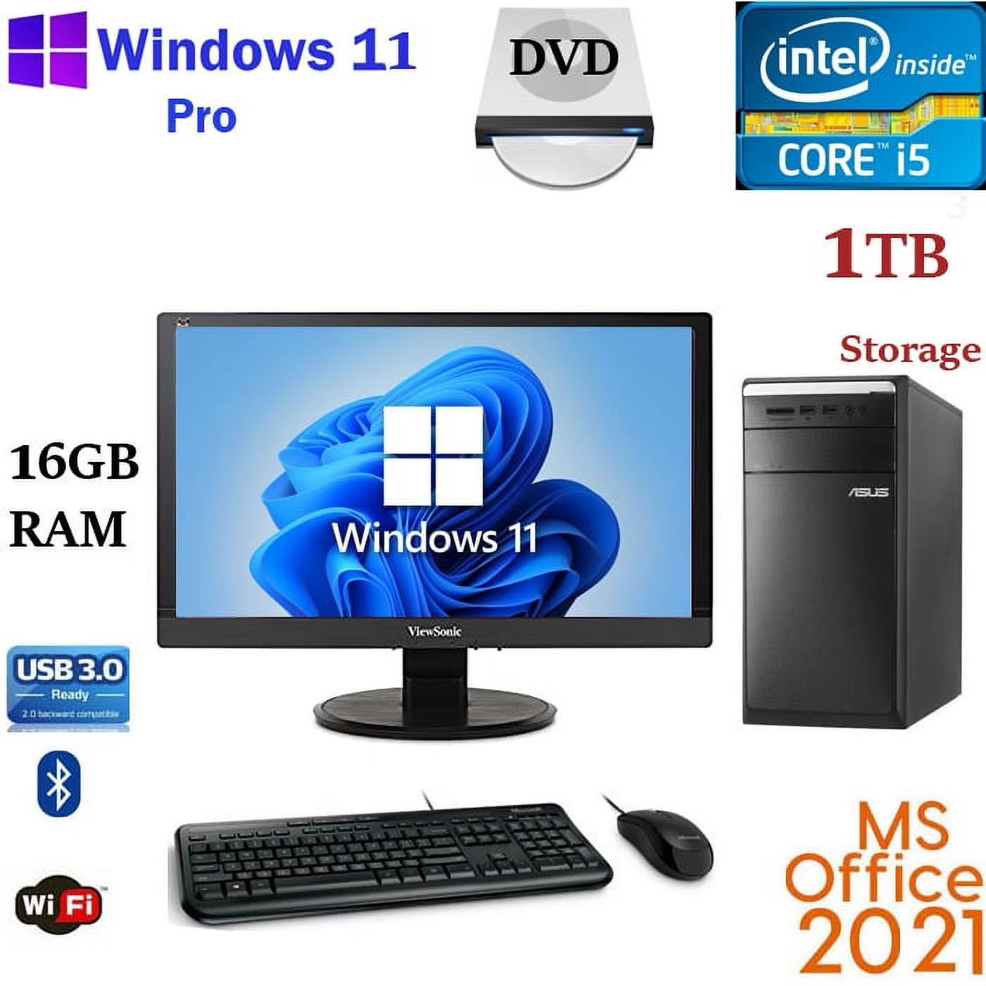 Restored Windows 11 ASUS i5 3.2 ghz 16GB RAM 1TB 22" LCD WiFi BT Desktop Computer PC Office21 Refurbished