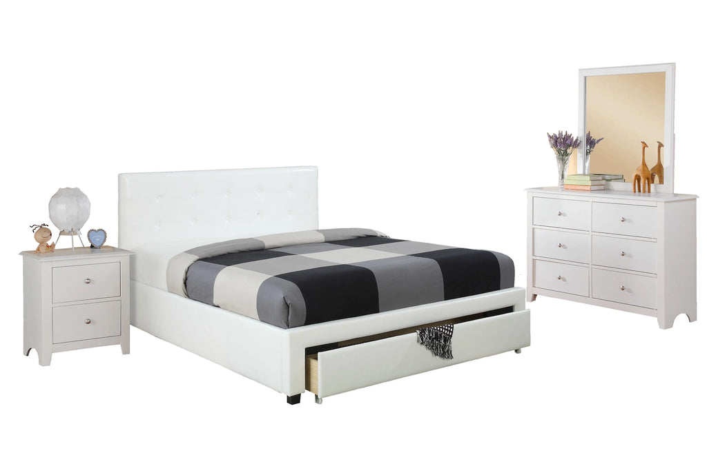 White Full Size Bed with Underbed Storage Drawers Wooden Tufted Upholstered Faux Leather A7